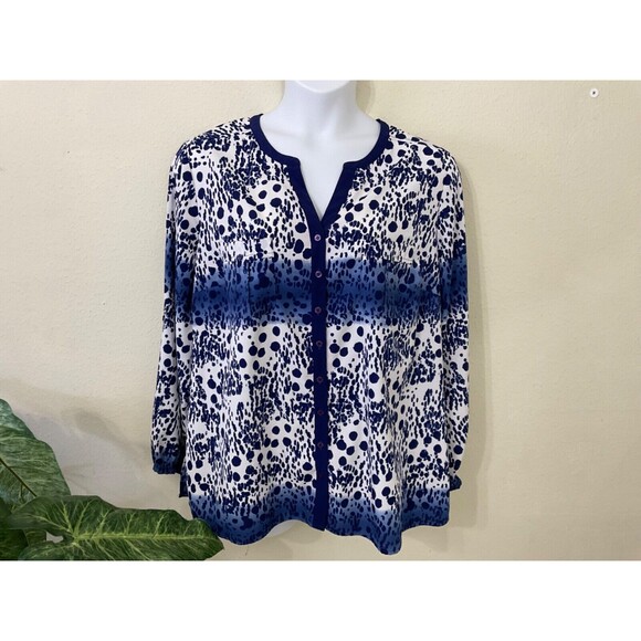 Fred David Blouse Womens Plus Size 1X Blue dots Career Office Button Up - Picture 1 of 9